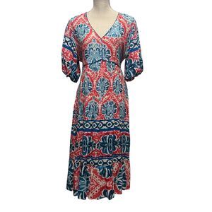 Anthropologie Figueroa & Flower Boho Floral Blue & Red Midi Dress Linen Size M